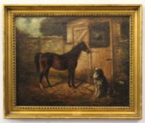 Attributed to Herbert St John Jones, oil on canvas, Horse and dog by a stable door, 34 x 42cm