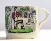 Mid-19th century Staffordshire mug modelled with a lumberjack to the front with a verse verso, Dr