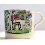 Mid-19th century Staffordshire mug modelled with a lumberjack to the front with a verse verso, Dr