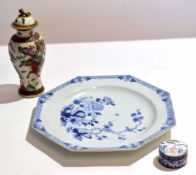 18th century Chinese porcelain octagonal dish with a blue and white design, together with a