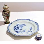 18th century Chinese porcelain octagonal dish with a blue and white design, together with a