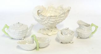 Large porcelain shell centrepiece by James Bevington and further Belleek style items, centrepiece