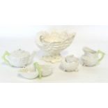 Large porcelain shell centrepiece by James Bevington and further Belleek style items, centrepiece