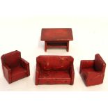 Vintage group of dolls house furniture viz red leather covered three piece club suite and stained