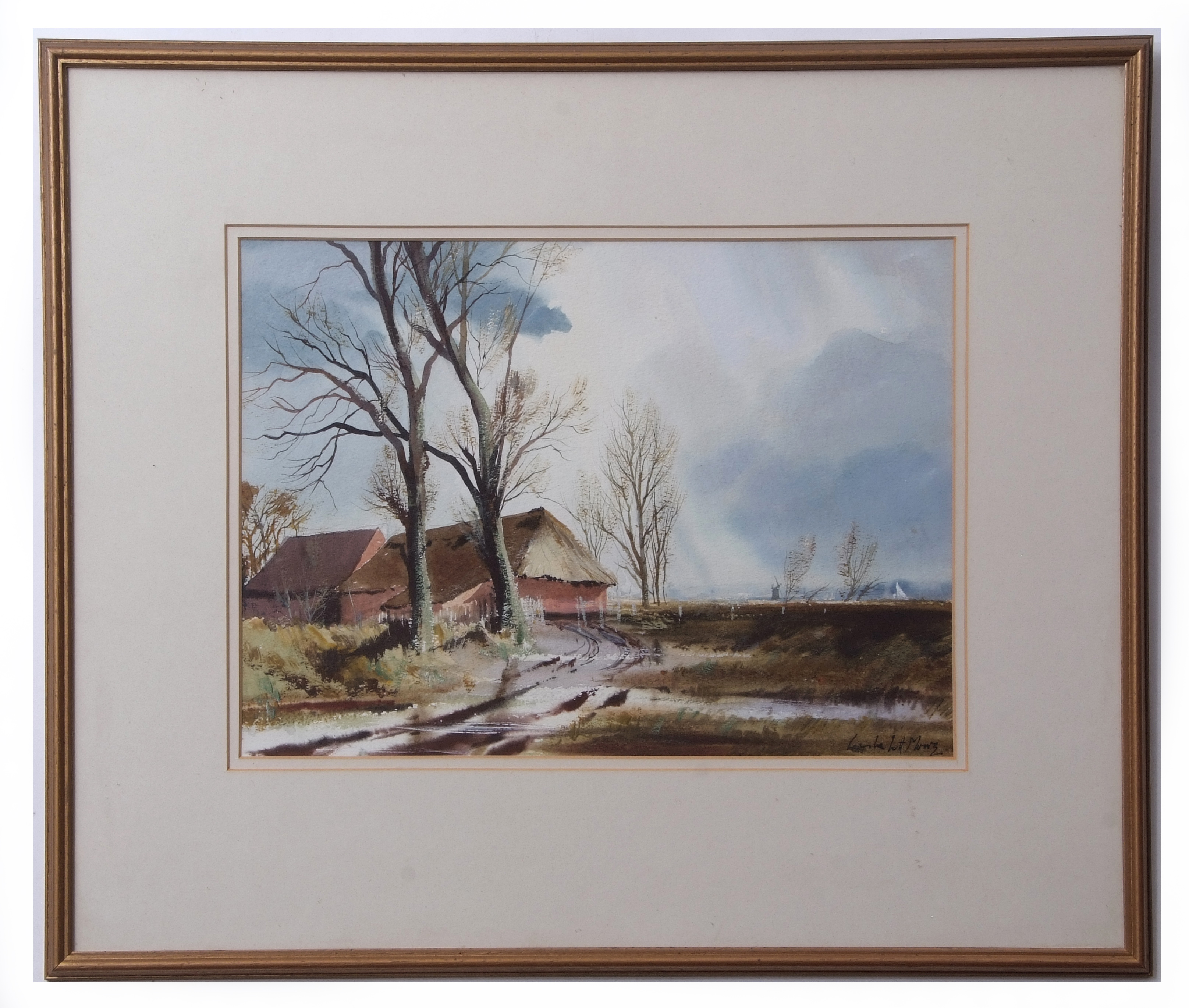 •AR Leslie L Hardy Moore, RI, (1907-1997), "Marsh Barn, River Bure" , watercolour, signed lower