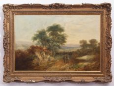 Joseph Barker, signed oil on canvas, Travellers and horse in country lane, 40 x 60cm