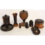 Mixed group of vintage treen wares in coromandel olive wood etc including lidded baluster cup,