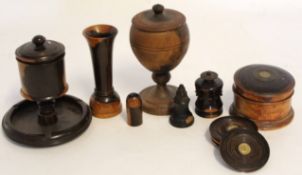 Mixed group of vintage treen wares in coromandel olive wood etc including lidded baluster cup,