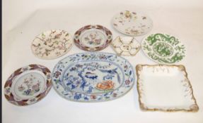 Group of porcelain items including a Caughley late 18th century tea pot and stand, various plates