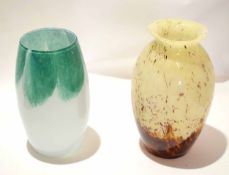 Group of two Art Glass vases, one with a mottled brown design, the other in shades of green, tallest