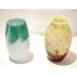 Group of two Art Glass vases, one with a mottled brown design, the other in shades of green, tallest