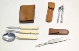 **Mixed Lot: comprising a leather cased picnic folding knife, fork and spoon set in a stitched