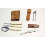 **Mixed Lot: comprising a leather cased picnic folding knife, fork and spoon set in a stitched