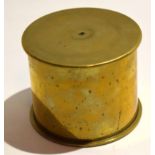 WWI period brass string box of circular brass form fashioned from shell casings, the base marked