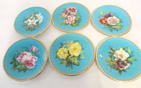 Group of 19th century Minton style botanical plates decorated with flowerheads on a blue ground, the