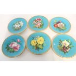 Group of 19th century Minton style botanical plates decorated with flowerheads on a blue ground, the