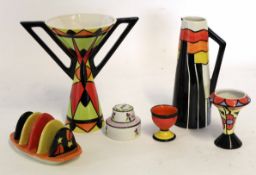 Group of Old Ellgreave pottery all designed by Lorna Bailey, with geometric designs comprising a
