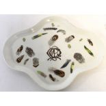 Unusual Continental porcelain quatre lobe dish the centre with monogram surrounded by painted