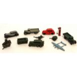 Mixed group of vintage Dinky toys including two flat back lorries, military vehicle, limousine,