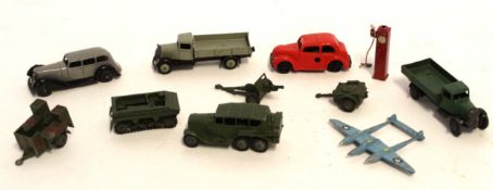 Mixed group of vintage Dinky toys including two flat back lorries, military vehicle, limousine,