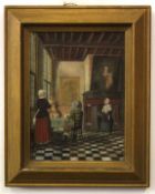 Unsigned oil, (after Vermeer), oil on canvas, Interior scene, 20 x 14cm