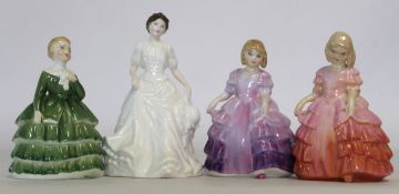 Group of four small Royal Doulton figurines including Rose and Belle HN2340, largest 15cm