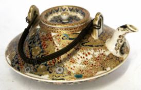 Japanese Meiji period Satsuma tea pot and cover with metal handle, signature to base in gilt, the