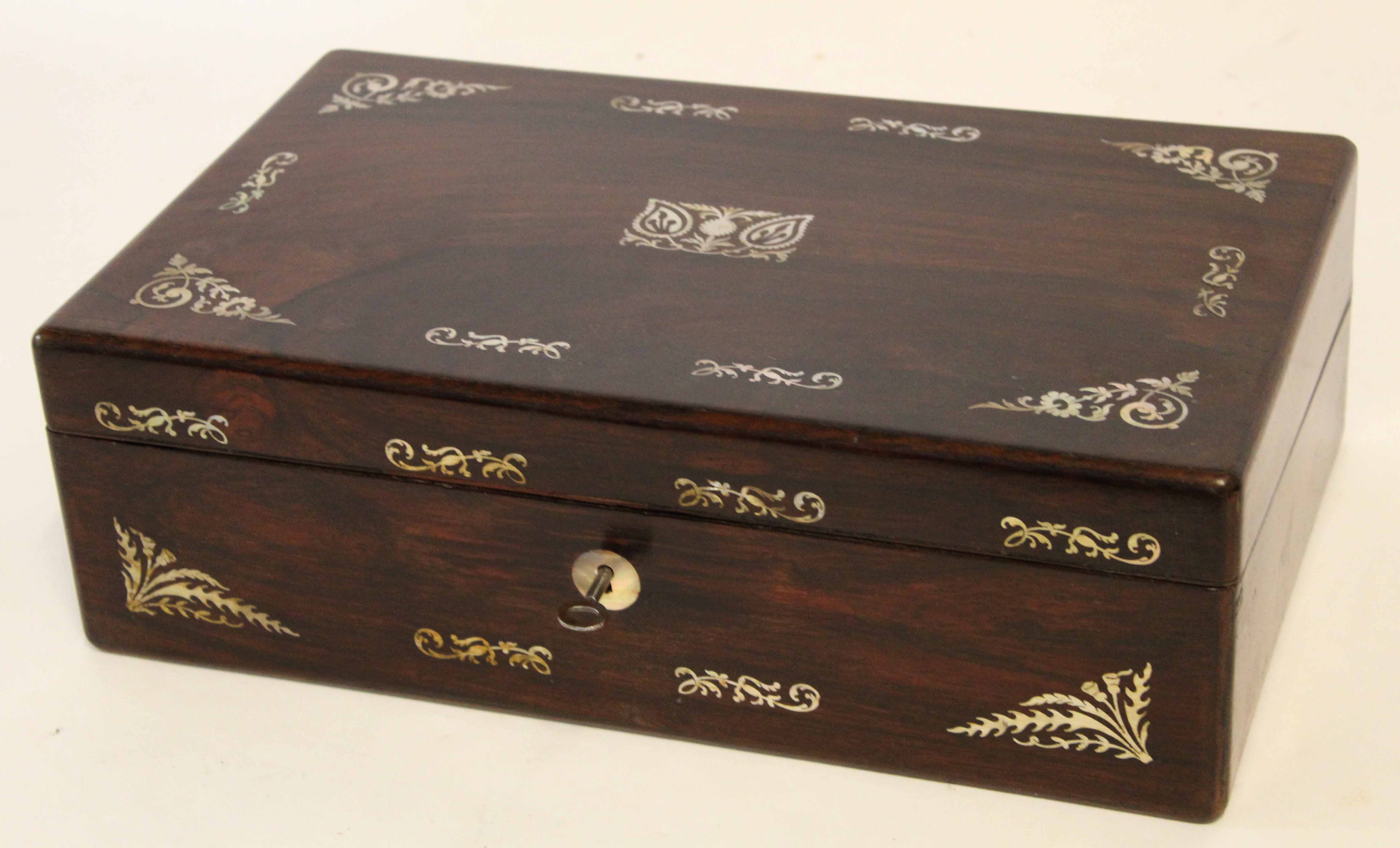 Victorian campaign style writing box with floral mother of pearl inlay throughout, fitted interior