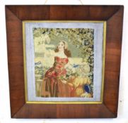 19th century rosewood framed embroidered picture with beaded surround, of a female fruit picker,