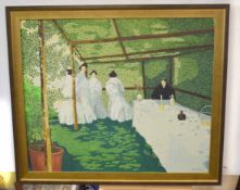 K Horsley, signed and dated 81, oil on canvas, Figures under a pergola, 72 x 86cm