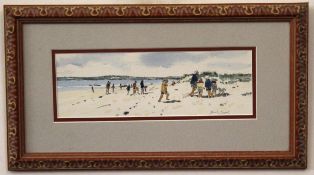 Patrick Boswell, signed watercolour, Norfolk Beach Scene with Figures, 9 x 29cm