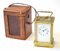 Early 20th century French lacquered brass carriage timepiece, lacquered brass case with silvered