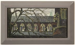 Unsigned modern oil, Church study, 19 x 38cm