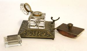 Mixed Lot: Victorian brass based ink stand with faceted cut glass bottle and hinged faceted shaped