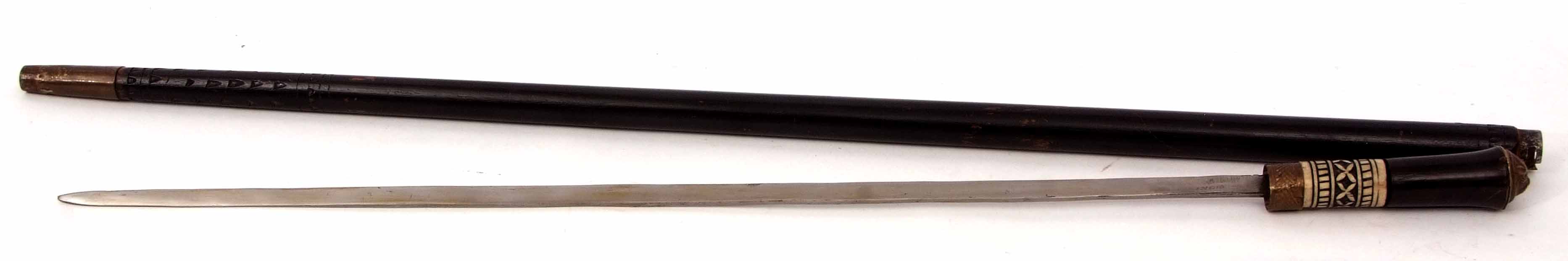 **Indian brass and horn mounted sword stick, the single edged blade stamped India to a bone horn and - Image 5 of 5