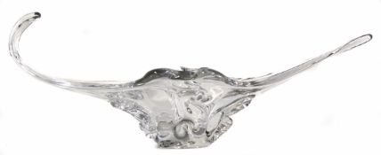 Mid 20th century large moulded clear glass bowl of shaped oval form with one curled side, no maker's