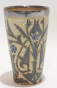 19th century Doulton Lambeth beaker with incised scroll design and silver rim, designed by Annie