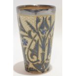 19th century Doulton Lambeth beaker with incised scroll design and silver rim, designed by Annie