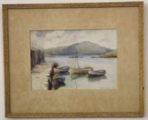 A L R Calderwood, signed watercolour, "Appin Pier, Port Appin", 17 x 24cm