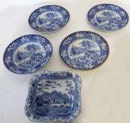 Collection of Spode 19th century blue ground dish, together with four flow blue plates, all with
