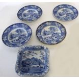 Collection of Spode 19th century blue ground dish, together with four flow blue plates, all with