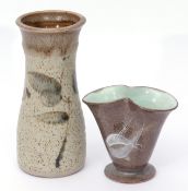 Two 1960s/1970s small Studio pottery vases, one of crimped oval tapering form to a circular foot