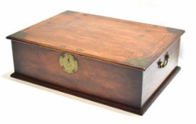 Chinese rosewood table top box with brass corners and decorative etched lock plate with fitted