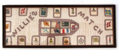Framed collection of cigarette cards sewn onto a cotton background and detailed Willie's Match in
