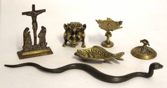Mixed group of small brass wares including snake, goblin inkwell, candle stand, pierced lid,