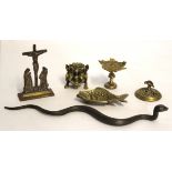 Mixed group of small brass wares including snake, goblin inkwell, candle stand, pierced lid,