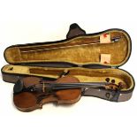 Unnamed vintage violin and bow within a modern plush lined and fabric zip case, the violin 59cm