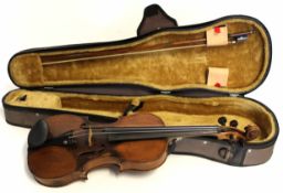 Unnamed vintage violin and bow within a modern plush lined and fabric zip case, the violin 59cm