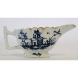 Lowestoft butter boat with twig handle, circa 1765, decorated with a pagoda and trees, 9cm long