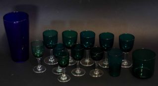 Collection of glass wares, mainly green glass wines and blue glass vase, the vase 19cm (13)